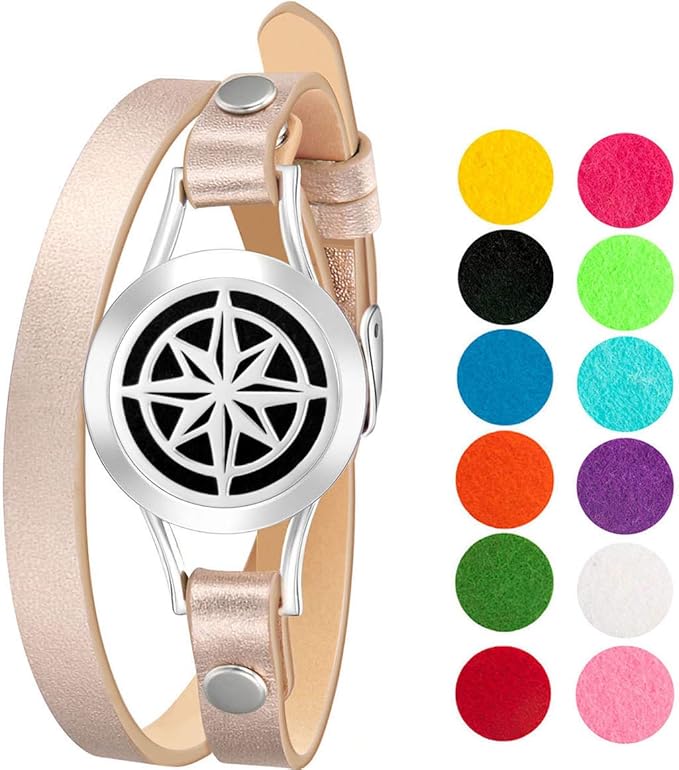 Wild Essentials Nautical Star Essential Oil Bracelet Diffuser, Leather Wrap Band, Stainless Steel Locket Pendant, 12 Color Refill Pads, Customizable Color Changing Perfume Jewelry for Aromatherapy