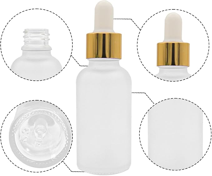 12 Pack,Clear Frosted Glass Dropper Bottle for Essential Oils,Empty Glass Liquid Holder With Glass Eye Dropper,Golden Caps Travel Perfume Cosmetic Container-Pipette&Funnel included (30ml/1oz)