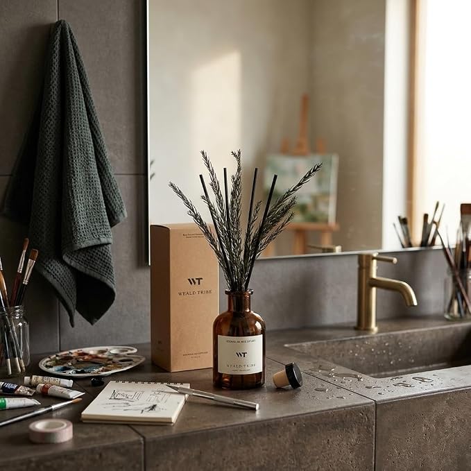 WEALD TRIBE Reed Diffuser Set for Bathroom Air Fresheners, Oil Diffuser Sticks with Flower | Balsam Fir Scent 4.0 fl oz Home Fragrance with Sticks Defusers | House Bedroom Office Shelf Decor