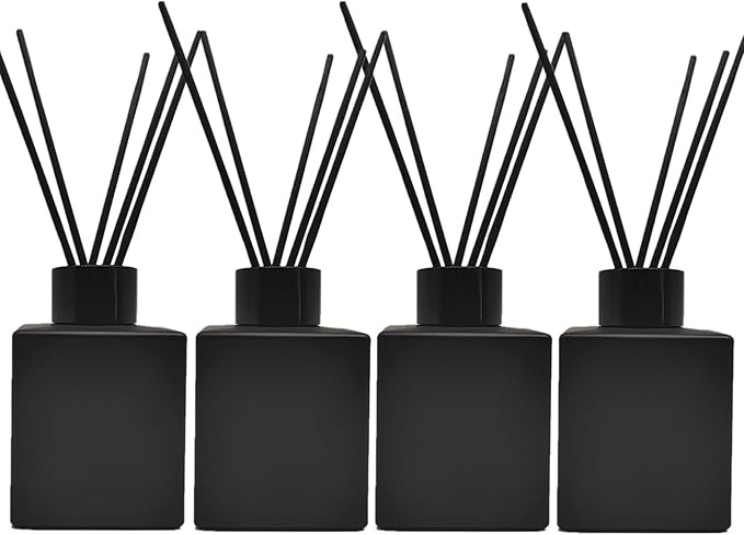 4PCS Reed Diffuser Bottle,Empty Matte Black Glass Jar,Fragrance Replacement Container 100ml(4, Square)