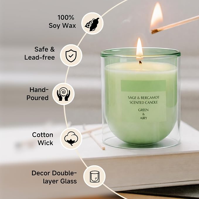 Sage Citrus Scented Green Candles, Natural Soy Non Toxic Single Wick Aromatherapy Candle for Home Decor, Summer Fragrance