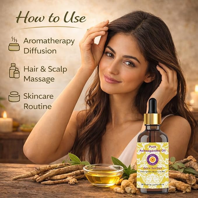 Deve Herbes Ashwagandha Oil (Withania somnifera) with Two Glass Droppers | Infused | Pure | Non-Sticky | Lightweight | for Facial Care | Men & Women | 30ml X 2 (2 oz)