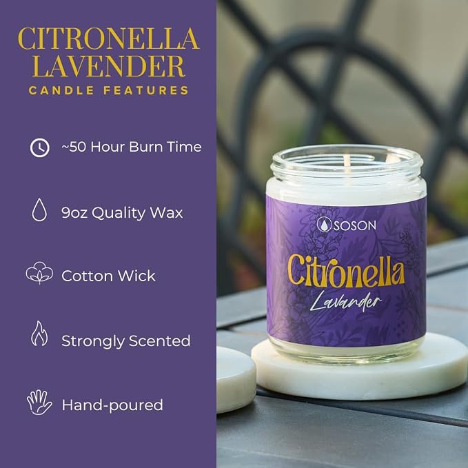 Simply Soson Citronella Lavender 9oz Scented Candle Outdoor & Indoor Aromatherapy Candle for Patio, Garden, Relaxation & Summer Evenings