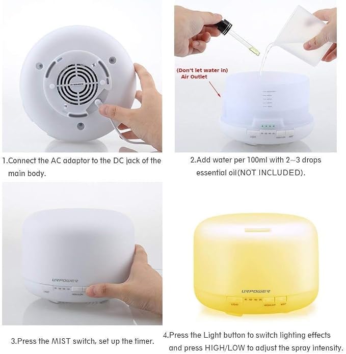 URPOWER 500ML Essential Oil Diffuser Humidifiers Ultrasonic Aromatherapy Diffusers with 4 Timer Settings and Waterless Auto Shut-Off for Home Office Living Room Yoga Remote Control NOT Included