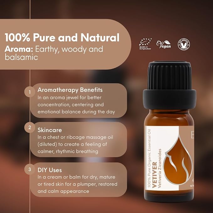 Essences Bulgaria Organic Vetiver Essential Oil 0.34 Fl Oz | 10ml | Vetiveria zizanioides | 100% Pure and Natural | Undiluted | Therapeutic Grade | Aromatherapy | Cosmetics | Cruelty Free | Non-GMO