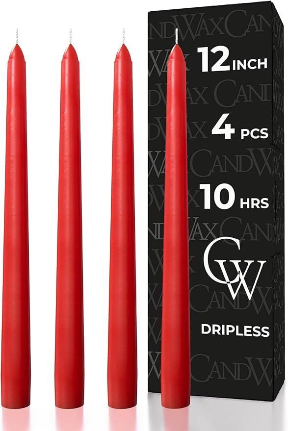 CANDWAX 12 inch Red Taper Candles Set of 4 - Dripless and Long Burning Candlesticks - Perfect as Red Long Candlesticks for Dinner or Holiday Home Decor - Taper Candle Sticks