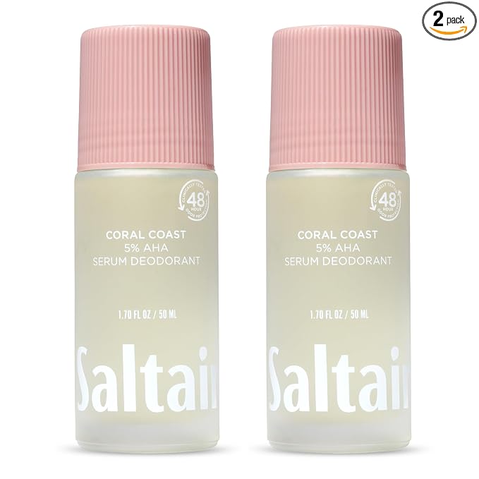 Saltair Serum Deodorant 2 Pack – 5% AHA – Aluminum-Free Odor Control for Women & Men – Mandelic Acid Deodorant with Lactic Acid – Coral Coast Scent – 2x 1.7oz Travel Roll On