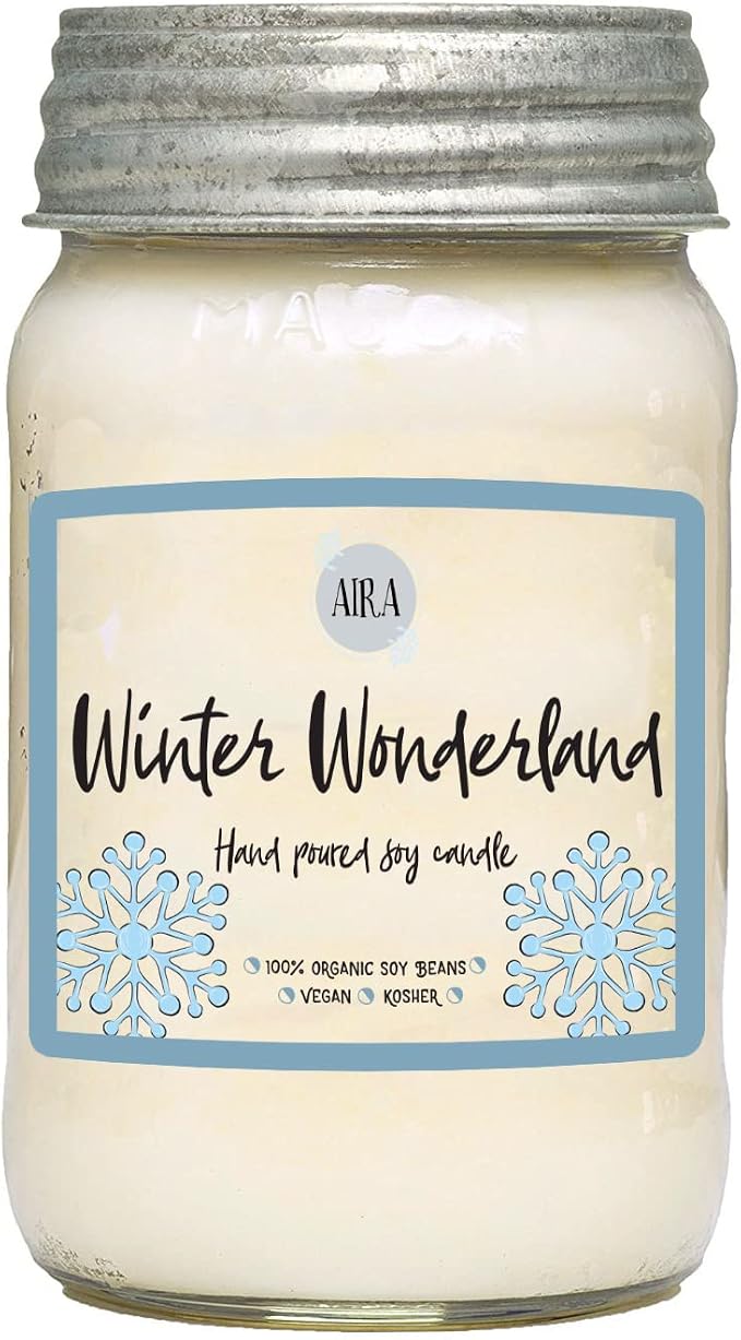 Aira Soy Candles - Organic, Kosher, Vegan, in Mason Jar w/Therapeutic Grade Essential Oil Blends - Hand-Poured 100% Soy Candle Wax - Paraffin Free, Burns 110+ Hours - Winter Wonderland - 16 Ounces
