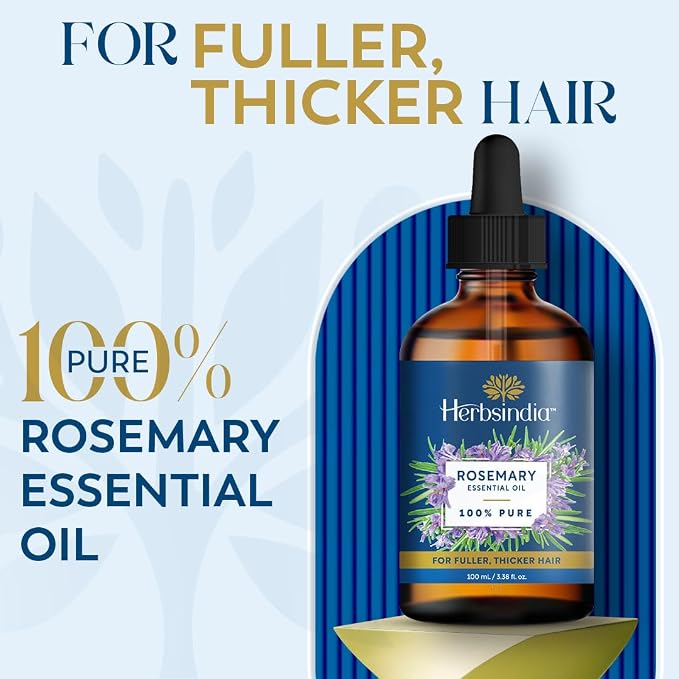 Herbsindia Rosemary Essential Oil for Hair - Huge 3.3 Fl Oz - 100% Pure - Premium Grade with Glass Dropper, Undiluted, Non-GMO