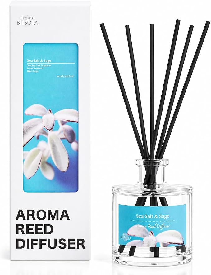 Reed Diffuser Set, Sea Salt & Sage 3.52 oz (100ml) Scented Diffuser with Sticks Home Fragrance Reed Diffuser for Bathroom Shelf Decor, Ideal Gift for Woman