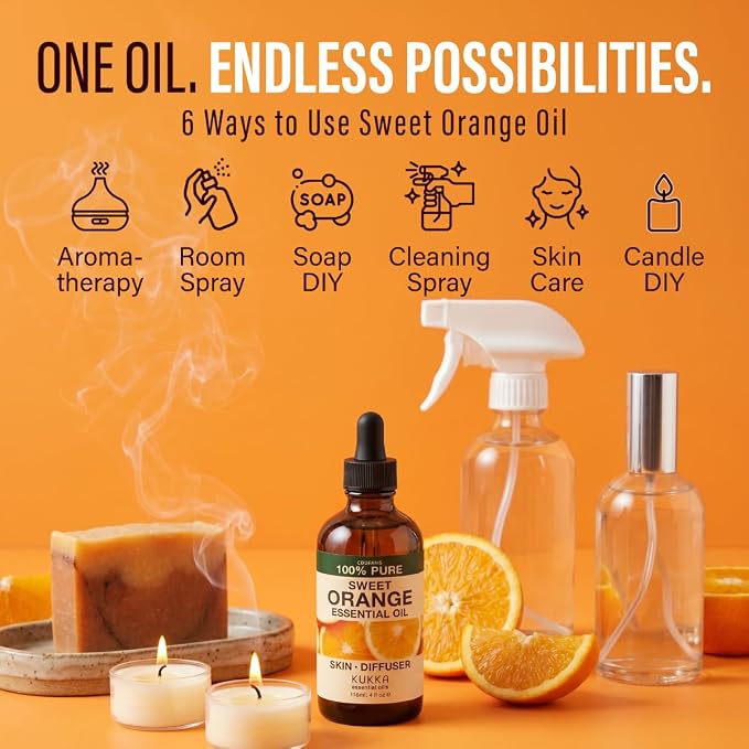100% Pure Orange Oil - 4 Fl Oz Orange Essential Oil for Hair, Skin, Diffuser, Aromatherapy & DIY Soap Making Scent