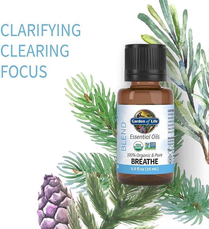 Garden of Life Essential Oil Breathe Blend – 100% Pure Rosemary, Black Spruce & Fir Balsam Essential Oil for Diffuser, Home, Skin & Body Care, Clarifying and Focusing, USDA Organic, Non-GMO, 0.5 fl oz
