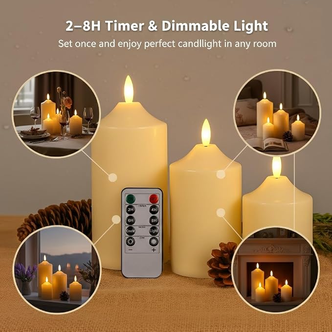 ANGELLOONG Battery Operated Candles with Timer, LED Flameless Candles Flickering with Remote, Fake Electric Pillar Candles for Holiday Party Wedding Home Decor, Dotted