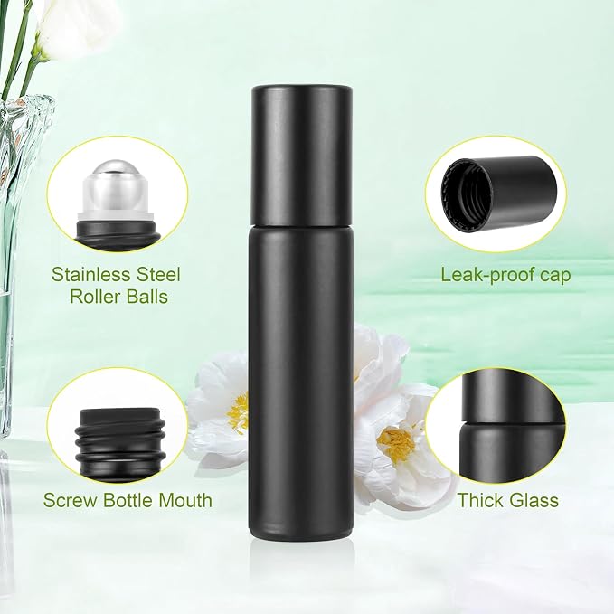 Glass Roller on Bottle, 10ml Refillable Essential Oil Bottle with Stianless Steel Ball, Pack of 10 (Black)