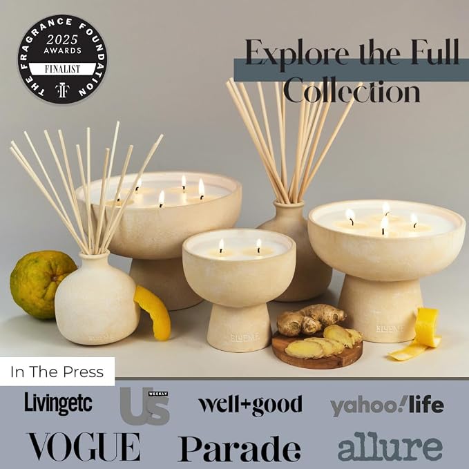 Blueme Happiness Candle | Yuzu & Ginger | 2 Wick - Refillable Wellness Candle with Essential Oils, Hand Finished & Poured Soy Wax Blend Ceramic Vessel, Natural Cotton Wicks | Medium 12 oz