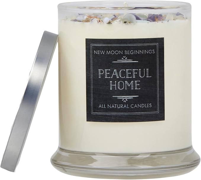 New Moon Beginnings Peaceful Home Candle - Stress Relief, Energy Clearing, All Natural Essential Oil Soy Candle - Crystal Candles (12oz Glass Jar, Eucalyptus, Mint)