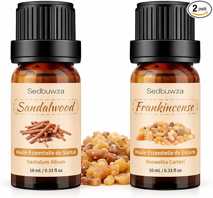 Sedbuwza Sandalwood Frankincense Essential Oil Set, Sandalwood Fragrance Oil Frankincense Scent Oil Set for Diffuser, Aromatherapy, Massage, Soap, Candle Making 2 x 10 ml