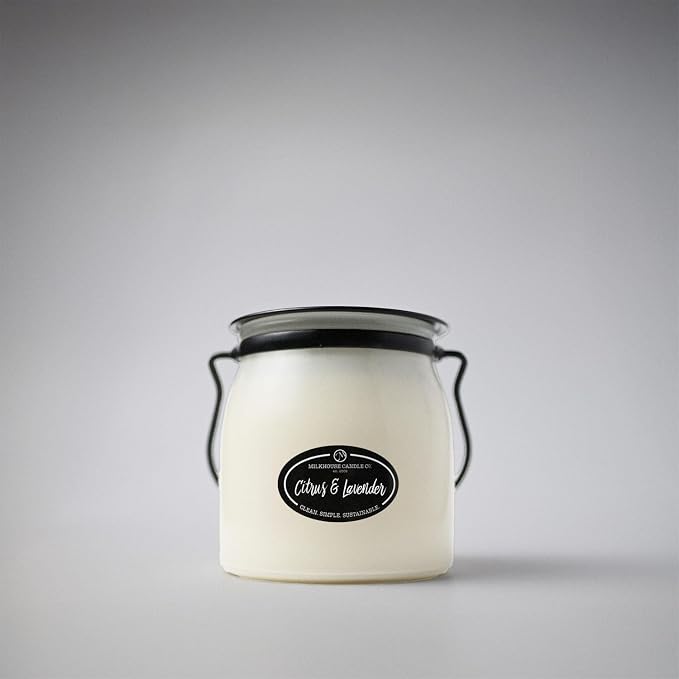 Milkhouse Candle Company Citrus & Lavender Soy Candle - Tart Citrus | Lavender Buds | Soft Herbal Undertones Scented - 16 oz Butter Jar with Lid, 65+ Hour Burn Time, Made in the USA