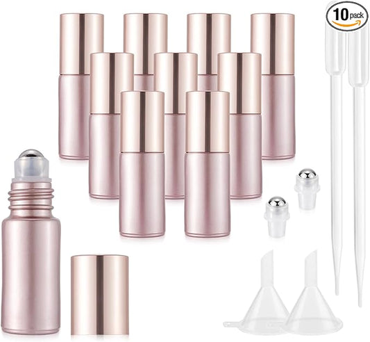 10 Pack 5mL Empty Glass Roll On Bottles Rose Gold with Stainless Steel Ball Applicator for Essential Oils Perfume Refillable Leak Proof Travel Portable DIY Craft Eye Care Sample