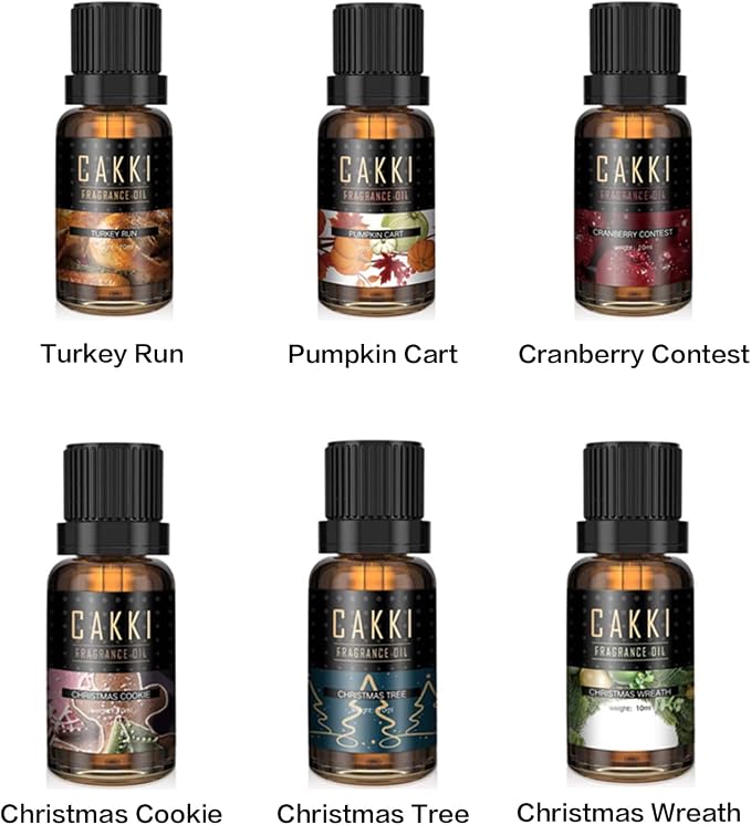 Christmas Essential Oils Gift Set, for Home, for Diffuser, 6x10mL, CAKKI Premium Grade Fragrance Oils with Christmas Tree, Cookie, Cranberry Contest, Pumpkin Cart, Turkey Run