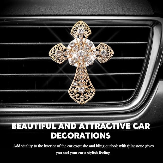 Bling Car Air Vent Clip, Crystal Cross Car Air Fresheners, Rhinestone Vehicle Air Conditioner Outlet Diffuser Vent Clip, Bling Car Interior Accessories Fit for Women and Man (Gold, Style 1)