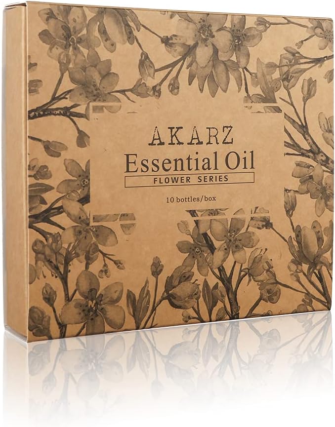 AKARZ 10 Packs Floral Essential Oils Set, 10x10ml Flower Series for Diffuser, Candle & Soap Making - Includes Jasmine, Rose, Neroli, Osmanthus & More