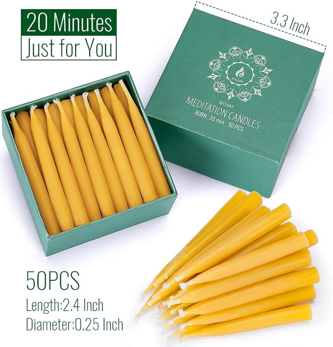 20 Minute Pure Beeswax Candles, Drip-Free Meditation Candles, Mini Taper Candles, Set of 50 Without Brass Candle Holders