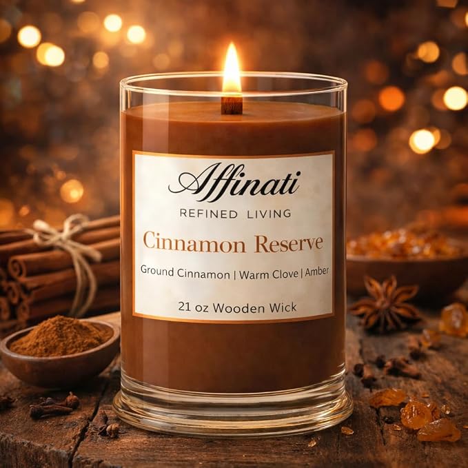 Affinati Cinnamon Reserve Large Scented Candle, 21 oz Wooden Wick Tumbler – Highly Fragrant Long Lasting Premium Spiced Fragrance, Soy Blend
