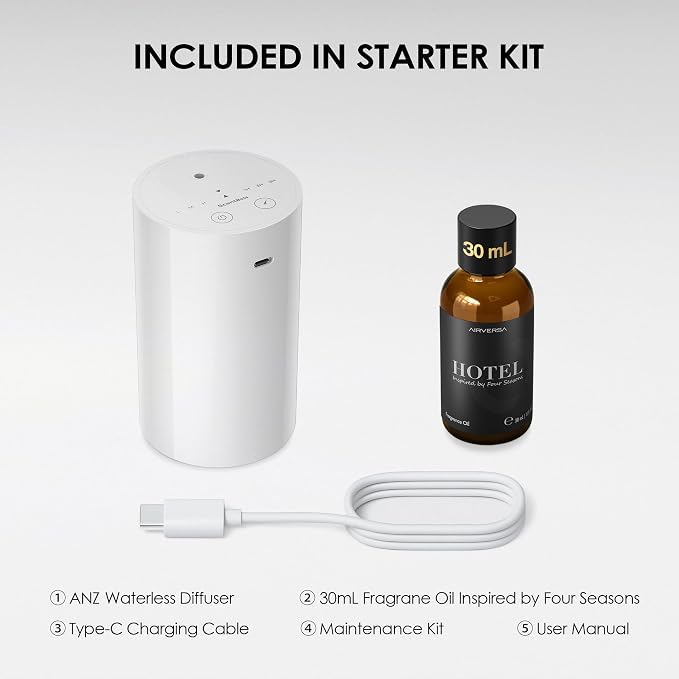 Waterless Essential Oil Diffuser Starter Kit with 30mL Hotel Scent Fragrance Oil, Rechargeable Portable Scent Diffuser with 3 Timers/Mist Levels for Car Room Home Office, ANZ White KIT