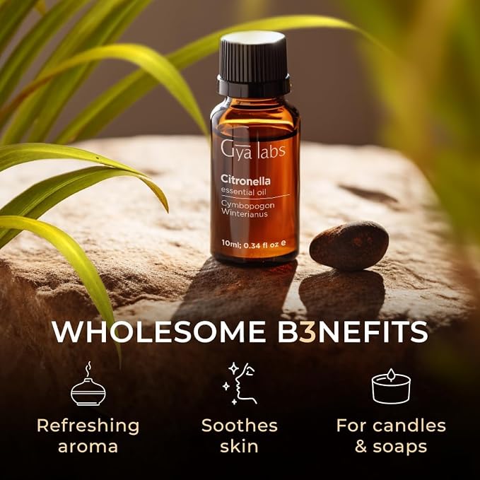 100% Pure Citronella Essential Oil - 0.34 Fl Oz - Citronella Oil for Hair, Skin, Diffuser, Aromatherapy & DIY Candle Making Scent