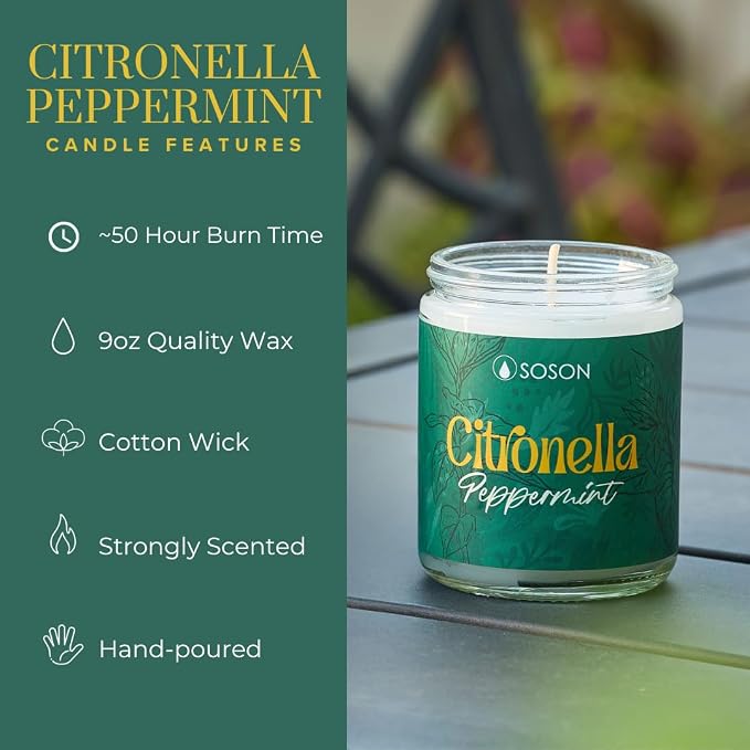 Simply Soson Citronella Peppermint 9oz Scented Candle Fresh Mint Aromatherapy Candle for Indoor & Outdoor Use, Summer Home Fragrance
