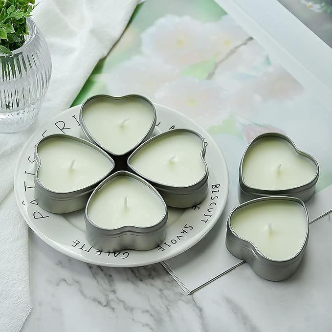 DEYBBY Jasmine Scented Soywax Tealight Candles, White Heart Shaped Aromatherapy Candles Gifts Tins for Women, Mother, Wife, Lover (Pack of 6)