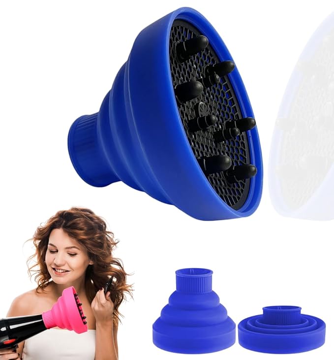 Silicone Hair Dryer Diffuser, Universal Collapsible Diffuser, Foldable Blow Dryer Diffuser for Curly Hair, Portable Hair Diffuser Styling Tool for Frizz-Free Curls & Waves (Blue)