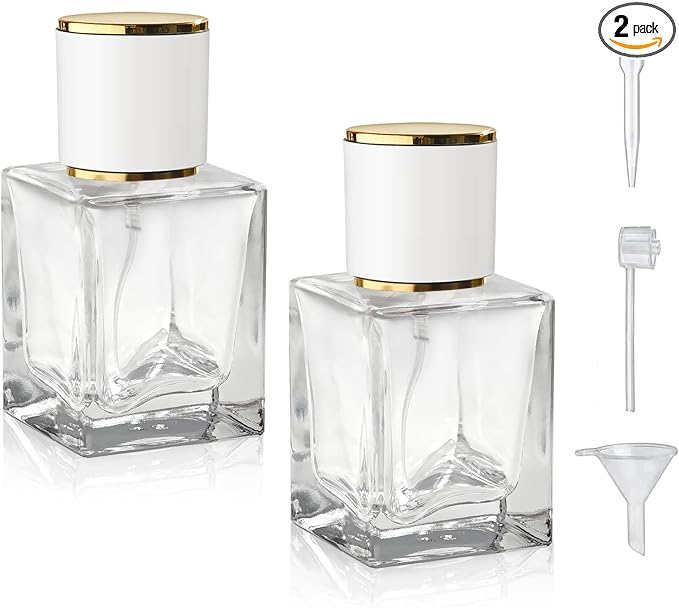 2 Pack 30ml/1 Oz Glass Spray Bottle Perfume Atomizer,Empty Travel Refillable Perfume Spray Bottle with 3 Kinds of Dispenser (White Cap, 30ml)