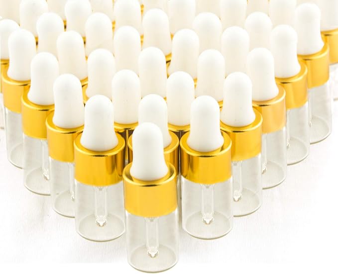 Sample Dropper Bottles, Mini Dropper Bottles with 2 Pcs Plastic Droppers for Traveling Essential Oils DIY Cosmetic Liquid Sample Perfume (Gold, 3ML)