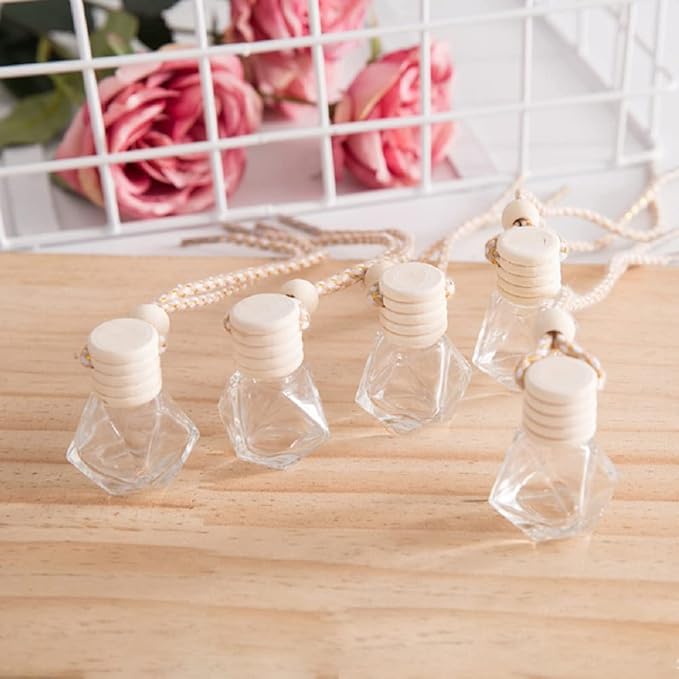 4Pcs 8ml Hanging Car Air Freshener Bottle Scent Essential Oil Car Diffuser with Wooden Cap Glass Vial Pendant for Aromatherapy