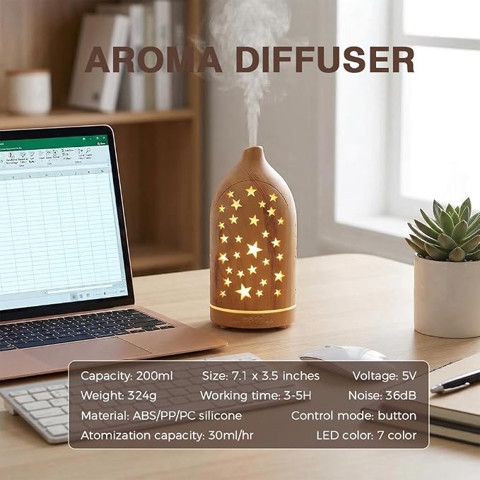 Essential Oil Diffuser,7.1''x3.5'' Diffusers with 3 Aromatherapy Oils Set,Small 200ml Desk Humidifier with 7 LED Colors Night Lights,Waterless Auto-Off for Office Home Decor Gift (Star)