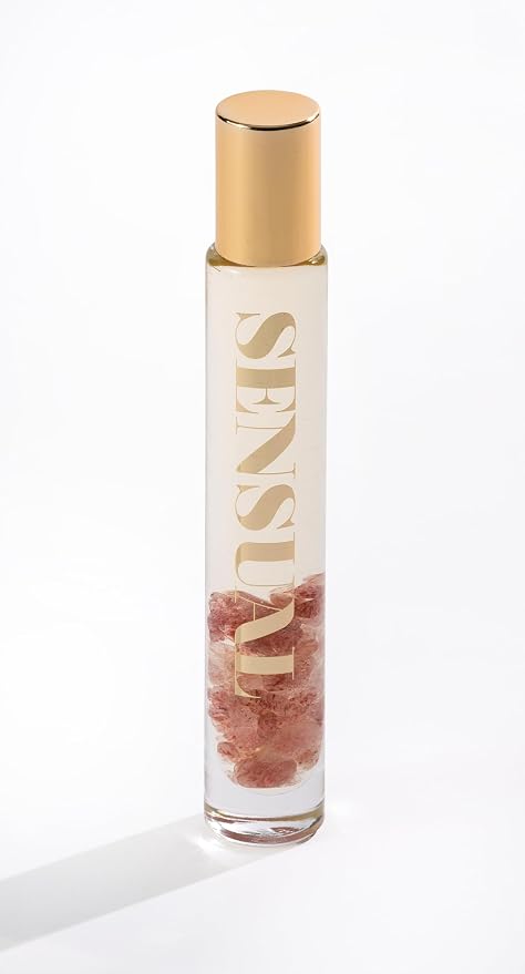 Essential Oil Rollerballs, .34 OZ, Sensual - Strawberry Quartz Crystal Infused - Scents of Star Anise, Rose, Sichuan Pepper & White Musk - Aromatherapy Roll On Oils, Massage
