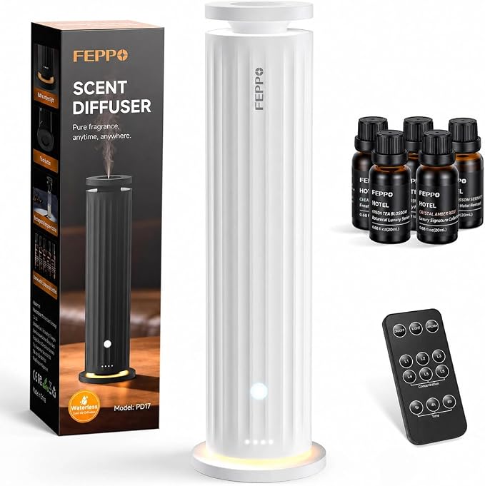 FEPPO Waterless Diffuser – Diffuser for Home, Hotel, Office | Essential Oil Diffuser Starter Kit with 5×20mL Hotel Scent Oils, 6 Scent Levels, 4 Timer Modes, Quiet Diffuser, 1000+ Sq Ft