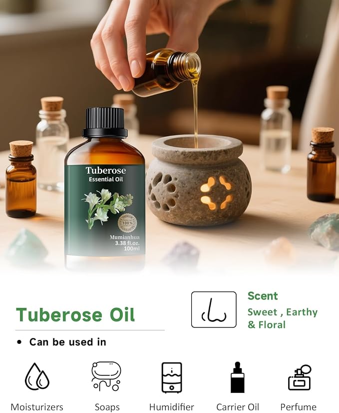 Tuberose Essential Oil, Pure Tuberose Oil Mumianhua Extravagant Perfumer's Essence Floral Oil for Reed Diffuser, Natural Perfume & Skin Elixir, Hair, Candle Making 3.38 Fl Oz