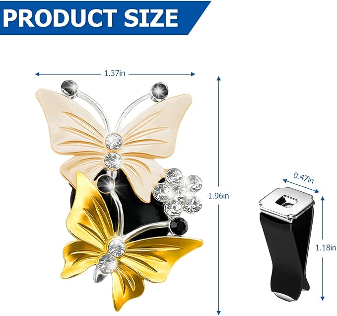 1PC Car Air Fresheners Vent Clips, Cute Dual Butterfly Diamond Rhinestone Car Vent Clip, Air Outlet Perfume Diffuser, Sparkly Bling Car Interior Decoration Accessories for Girls Women Yellow