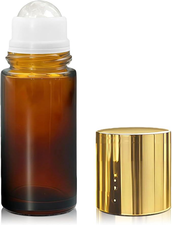 Clear Quartz Roller Bottle for Essential Oils, 50ml Refillable Amber Glass Roll On with Natural Crystal Roller Ball, Leak-Proof Travel Perfume Bottle with Gold Cap