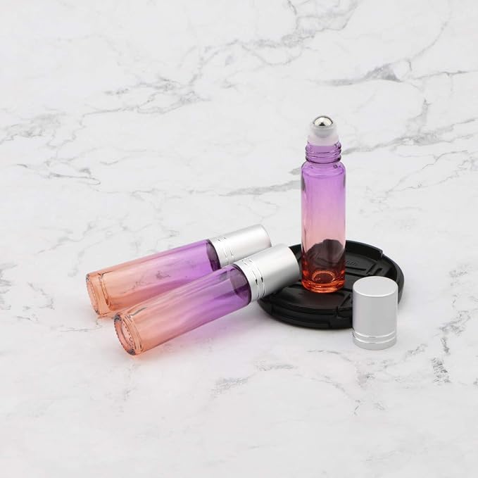 10Pcs Glass Roller Bottles Set, 10ml (1/3oz) Purple Orange Gradient Roll on Vials with Funnels, for Essential Oil Aromatherapy Perfume Liquid Massage