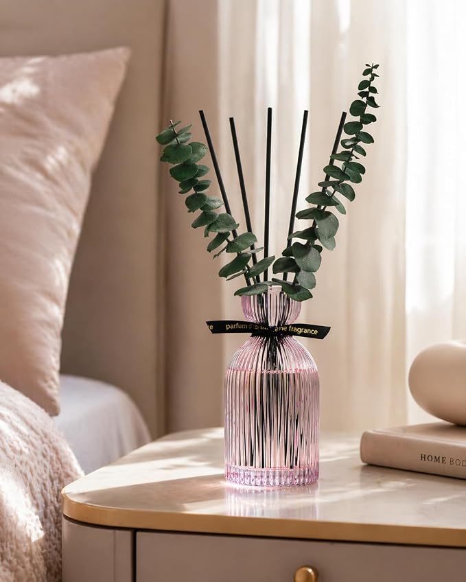 Airkeep Reed Diffuser Set 6.76 oz – Cherry Blossom Decorative Home Fragrance with Eucalyptus Sticks, Ribbed Glass Diffuser for Bathroom & Bedroom Décor, Gift Ready