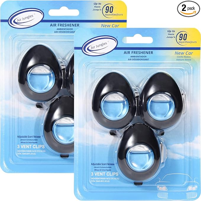 Air Jungles Car Air Freshener Vent Clip 3 Count (Pack of 2), New Car Scent, 4 ml Each, Long-Lasting Car Odor Eliminator, Easy Clip-On, Up to 180 Days Freshness for Cars, Trucks, and SUVs