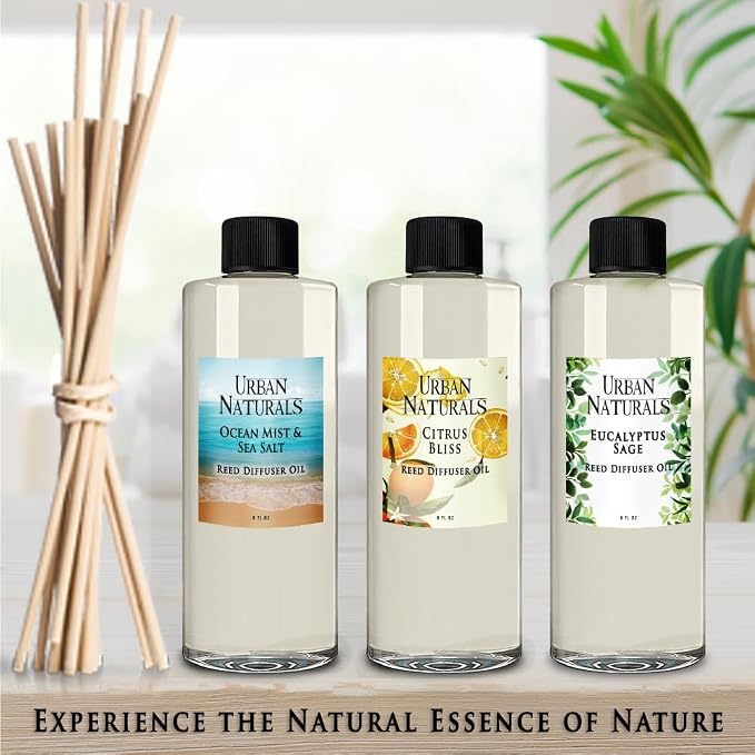 Urban Naturals Reed Diffuser Oil Refill Man Cave Vetiver with Oud, Amber, Frankincense 8 oz + Free Reed Sticks, Made in the USA