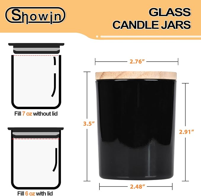 SHOWIN Thick Candle Jars for Making Candles 16 Pcs, 7 OZ Empty Jars with Wood Lids for Candle Making, Sample Container, Glossy Black