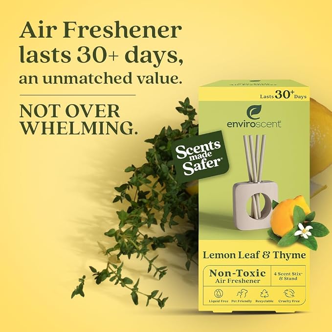 Enviroscent Non-Toxic Air Freshener for Home | Liquid Free Diffuser | Home Fragrance Lasts Over 30 Days | Kit Includes 1 Mango Wood Stand & 1 Scent Stix Refill (Lemon Leaf & Thyme)