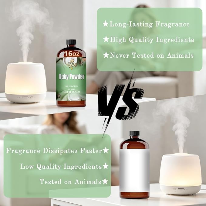 Baby Powder Fragrance Oil, Baby Powder Oil 16 Fl Oz 480ml for Diffuser Yoga Soap & Candle Making – with 0.33 Oz Roller Ball & Funnel YHSESSE Essential Oils