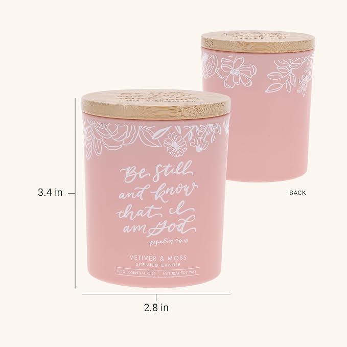 Christian Art Gifts Soy Wax Scented Candle: Be Still & Know Bible Verse, Vetiver & Moss Scent, Pure Essential Oils, 4.5 oz, Up to 20 Hours Burn Time, Glass Jar w/Bamboo Lid, Women's Encouragement Gift